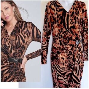 Cache Leopard Animal Print Faux Wrap Dress Long Sleeve Brown Black Medium